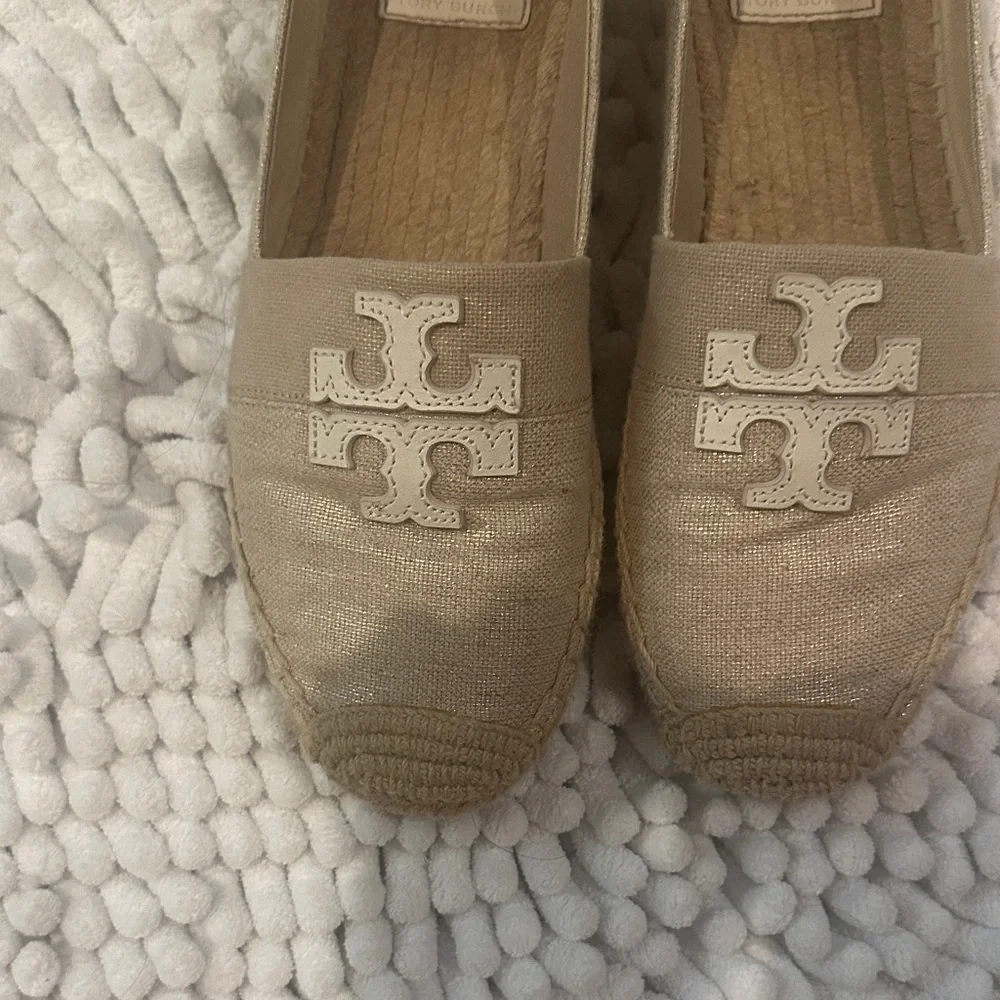 Tory Burch Neutral Beige Canvas Logo Espadrille Flats